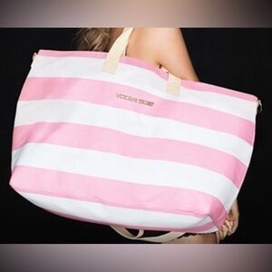 Victoria’s Secret Large Getaway Weekender Duffle Bag Pink White Stripe Beach Bag
